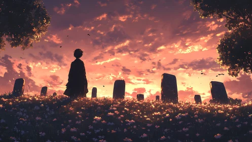 Twilight mourner wandering through a flower-lit graveyard.
