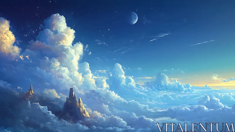 Celestial cloudscape with illuminated spires under crescent moon