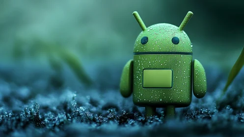 Green android robot toy standing on wet grass at dawn.