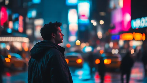 Urban night portrait in neon-lit city street ambience.