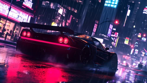 Low-angle neon-lit supercar in rain-soaked cyberpunk street scene