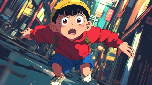 Anime boy running through neon city street at twilight.