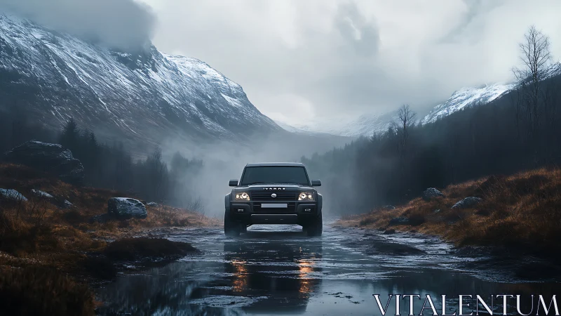 Off-road titan prowls a mist-soaked valley of cold mountains.