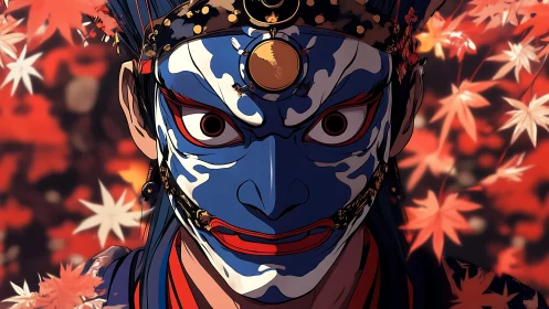 Samurai mask portrait in blue lacquer under maple leaves.
