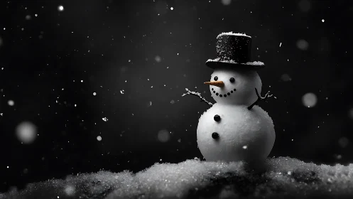 Snowy night snowman smiling under a soft winter glow.