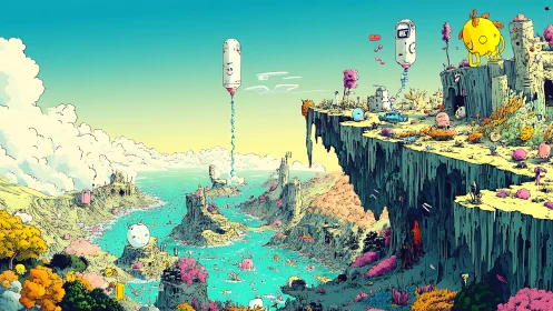 Colorful alien coastline with cliffs, robots, and sea life.