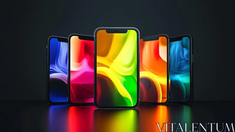 Symmetrical smartphone array with luminous abstract displays.