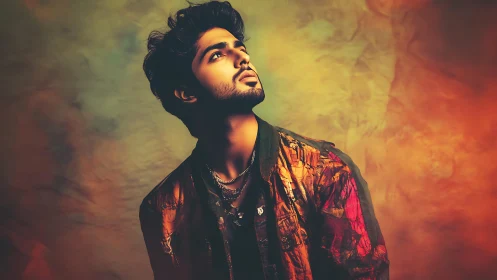 Dreamy young man gazes upward in warm, glowing colors