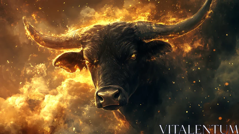 Fiery black bull emerges through molten storm clouds