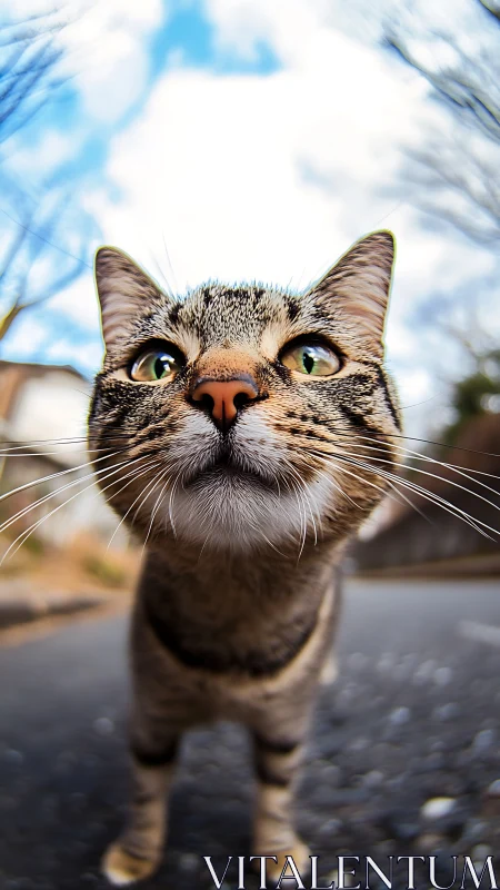 Tabby Cat's Direct Frontal Gaze with Wide-Angle Distortion Effect