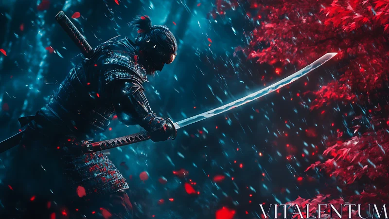 Lone samurai strikes beneath crimson leaves in stormlight.
