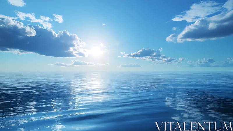 Gentle sunlit ocean opens into a calm, endless blue horizon