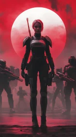 Armored soldier stands before red backlit circular moon