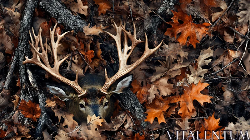 Majestic stag’s antlers emerge from rich autumn forest floor