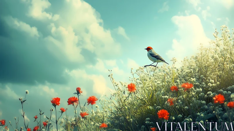 Red-headed songbird on wildflower hill in dreamy soft light.
