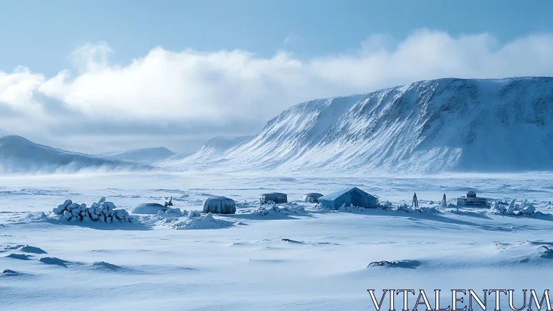 Arctic Settlement in Snow-Covered Landscape with Mountain
