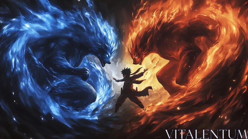 Elemental titans bend toward a lone warrior holding the storm