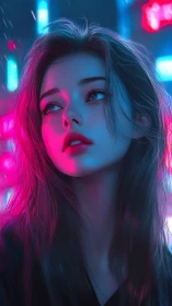 Neon city glow softens a thoughtful girl's distant gaze