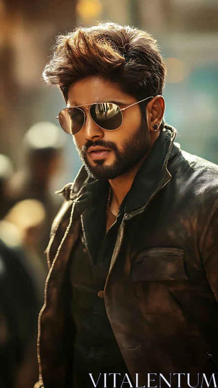 Bearded man in sunglasses and leather jacket outdoors.