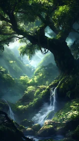 Ancient Forest Canyon with Cascading Waterfalls.
