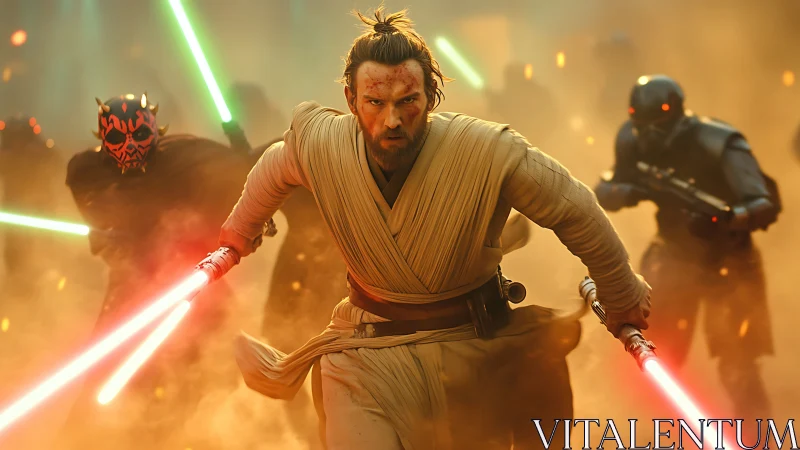 Battle-scorched space warrior charges through neon duststorm.