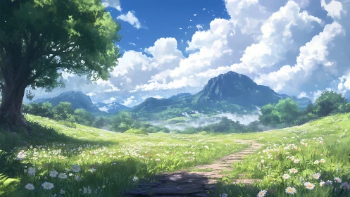 Sunlit alpine meadow path under cumulus cloud-filled sky