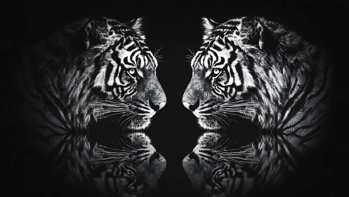 Mirrored Tiger Profiles: Bilateral Symmetry in High Contrast Monochrome.