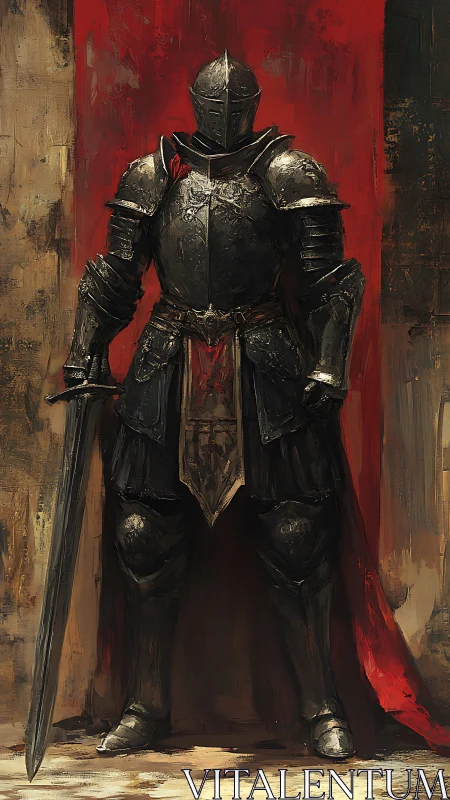 Black knight in ornate armor before bloodred banner