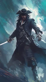 Dark-clad pirate captain brandishes sword in storm surge