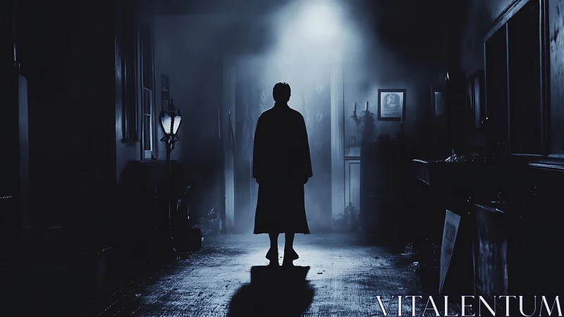 Solitary silhouette in foggy corridor under cold spotlight.