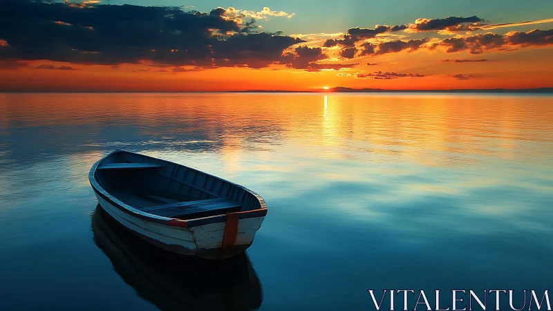 Moored wooden rowboat on glassy lake under vivid sunset sky