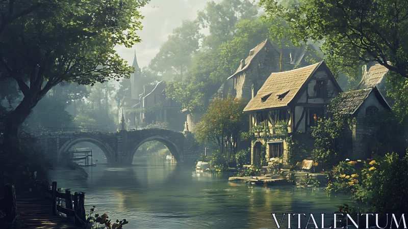 Medieval river village sits under soft morning mist