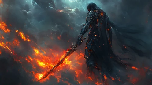 Hooded armored figure holds flaming sword amid dark clouds