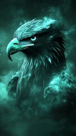 Neon-lit eagle portrait in atmospheric teal digital painting.