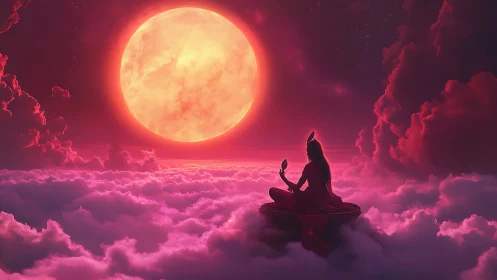 Moonlit goddess studies her reflection above cotton clouds