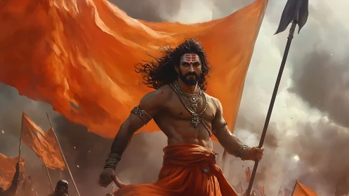 Warrior leader stands before large orange flags in smoke