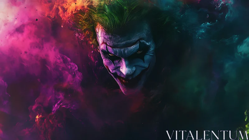 Mischievous clown emerges from swirling neon chaos.