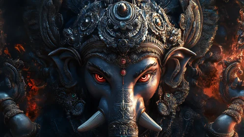 3D ornate Ganesh deity portrait with infernal lighting focus.