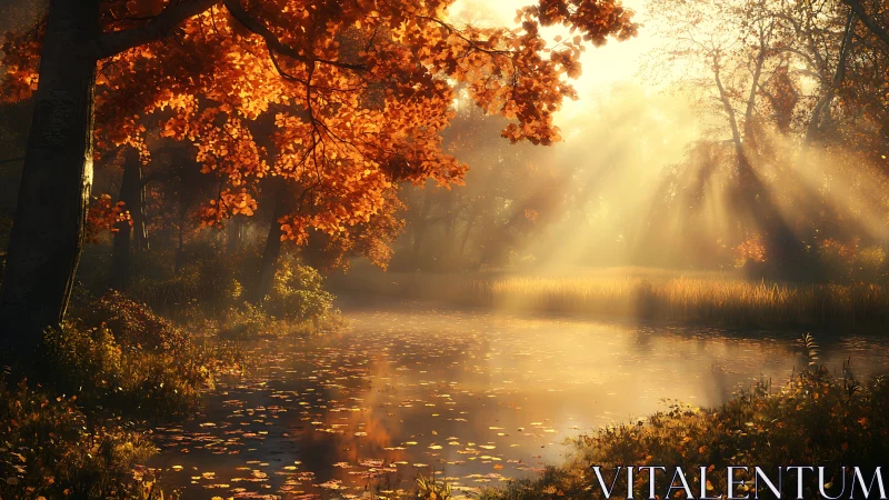 Golden autumn forest pond with soft morning sunlight.
