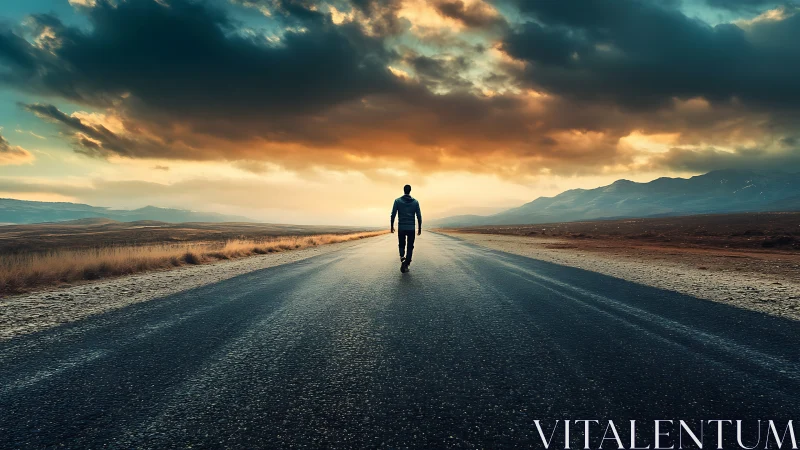 Solitary figure on vanishing-point highway at stormlit sunset.