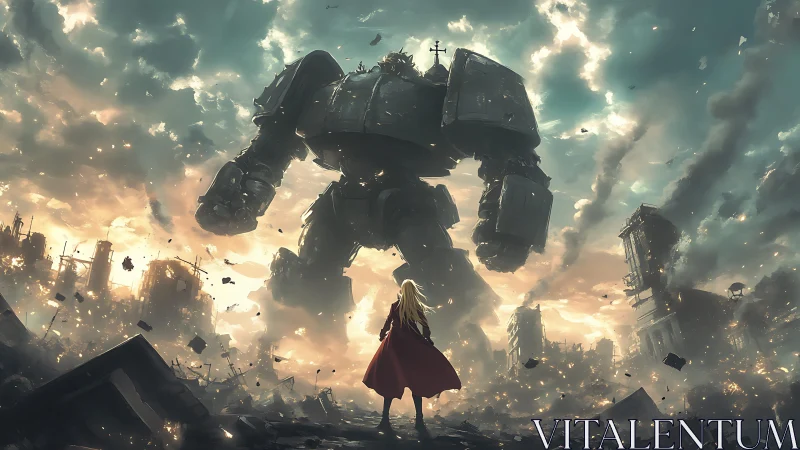 Heroic figure faces towering mech in a stormy ruin.