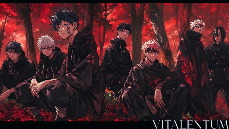 Anime squad in black hoodies in red autumn forest backdrop.