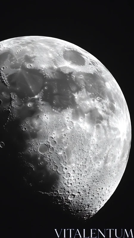 High-contrast lunar terminator study in monochrome detail.