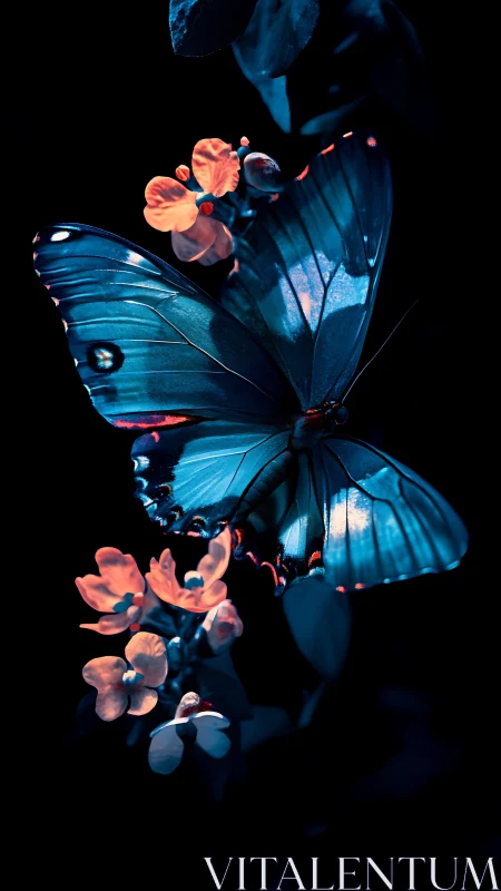 Blue butterfly on coral flowers in dark background.
