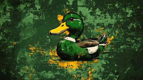 Gentle green duck resting against bold painterly splashes.