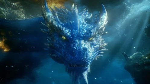 Bioluminescent blue dragon advances through subaquatic light field