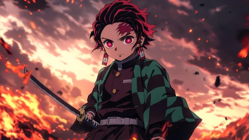 Fiery anime swordsman stands ready against blazing sky.