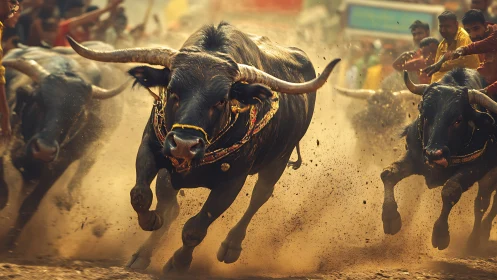 Charging bulls race through dusty street amid cheering crowd.
