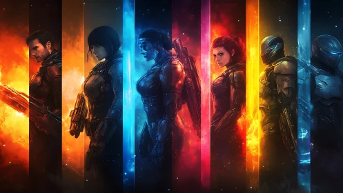 Futuristic armored soldiers aligned in segmented color bands.