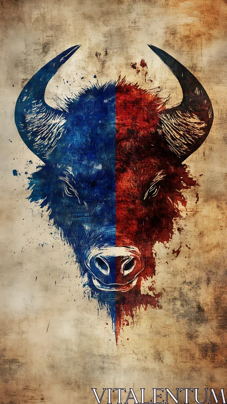 Split-color bull portrait with distressed grunge texture.